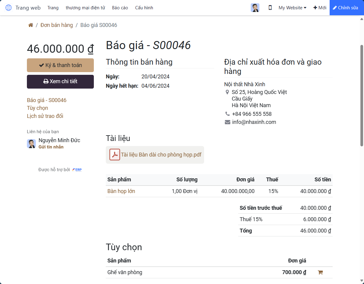 Khách hàng xem trước mẫu báo giá trong LeanSoft Sales.
