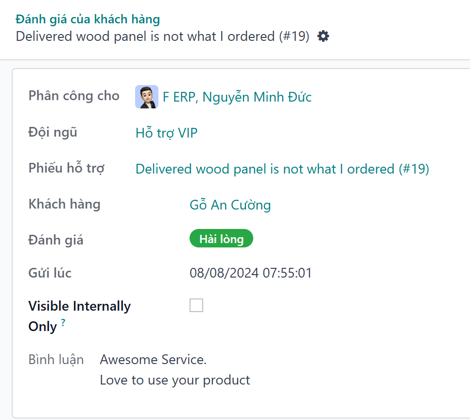 Xem chi tiết của một đánh giá khách hàng cá nhân.