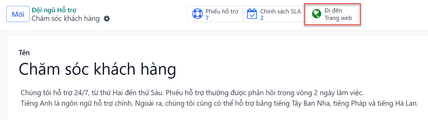 Xem trang cài đặt của nhóm Hỗ trợ nhấn mạnh nút Go to Website trong LeanSoft Hỗ trợ.