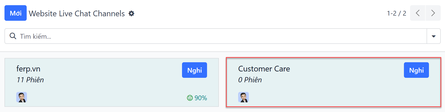 Xem các thẻ Kanban cho các kênh Trò chuyên Trực tiếp có sẵn.