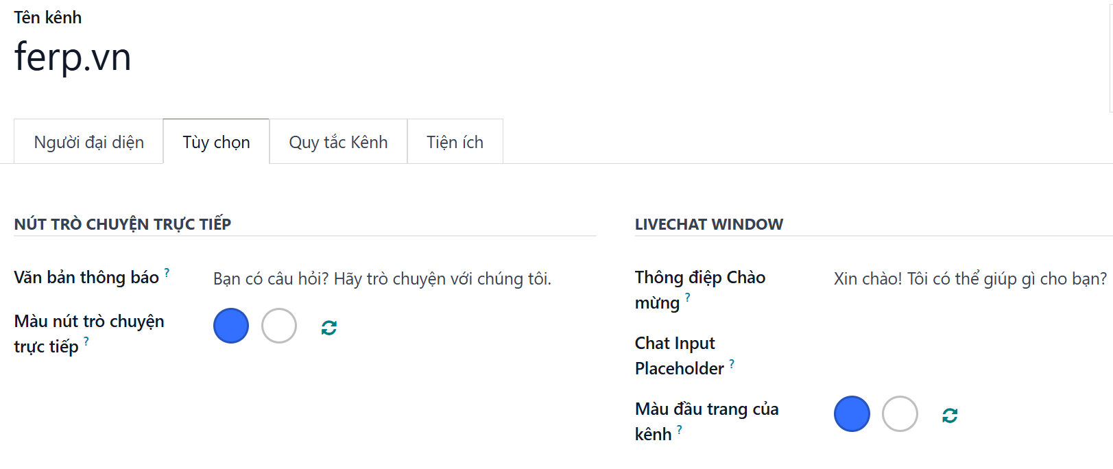 Xem thẻ tùy chọn của cài đặt kênh Trò chuyên Trực tiếp.