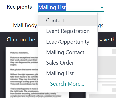 Xem menu thả xuống người nhận trong ứng dụng Email Marketing LeanSoft.