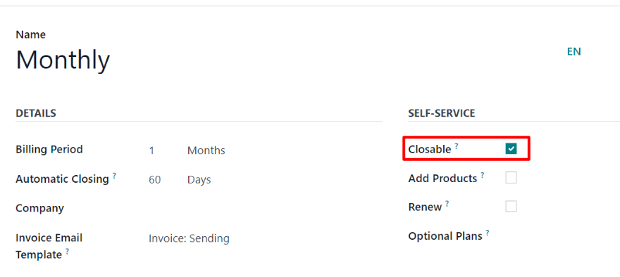 Tùy chọn Có thể đóng trên một biểu mẫu kế hoạch định kỳ trong LeanSoft Subscriptions.