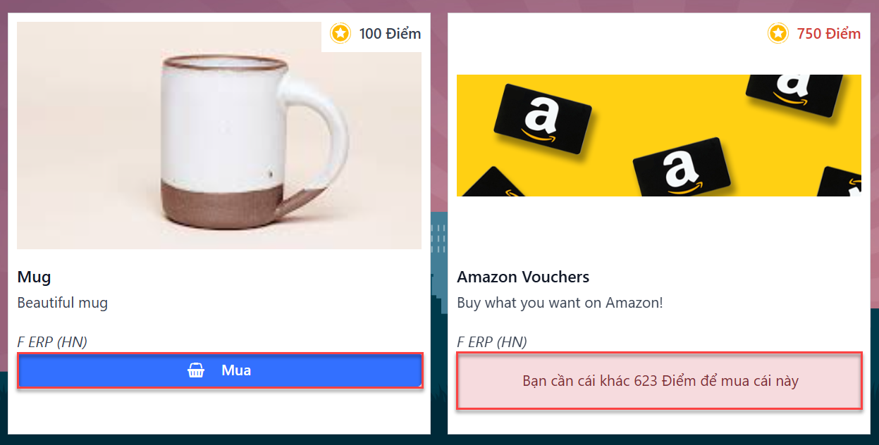 Nút Mua xuất hiện dưới một phần thưởng là cốc và ba lô, trong khi phần thưởng xe đạp cho biết cần thêm bao nhiêu điểm phần thưởng để đổi.