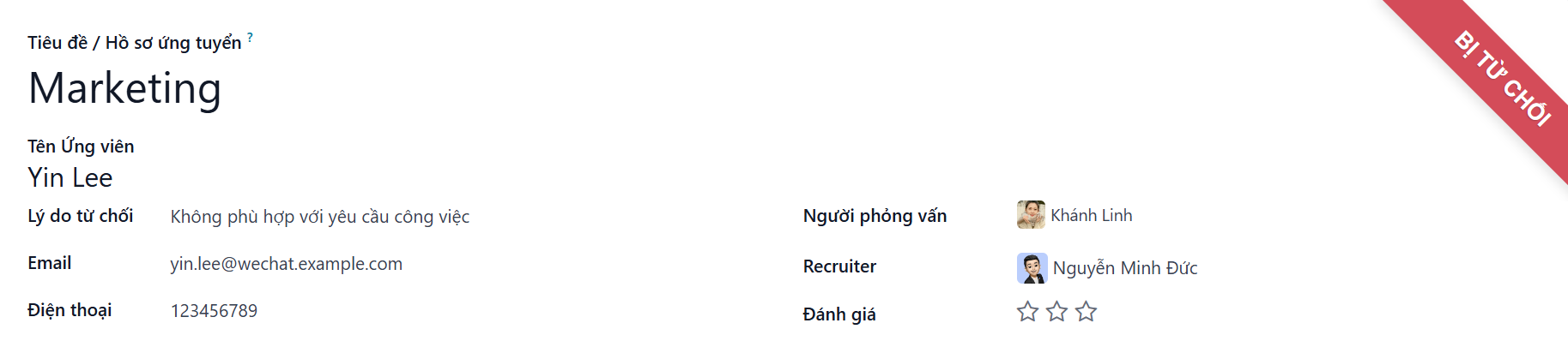 Thẻ ứng viên với biểu ngữ từ chối xuất hiện ở góc trên bên phải màu đỏ.