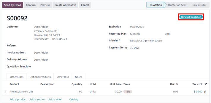 Báo giá gia hạn trong ứng dụng LeanSoft Subscriptions.