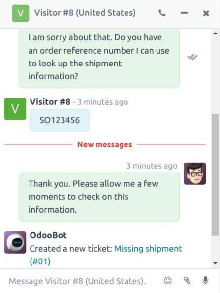 View of the chat window with a helpdesk ticket created in LeanSoft Live Chat.