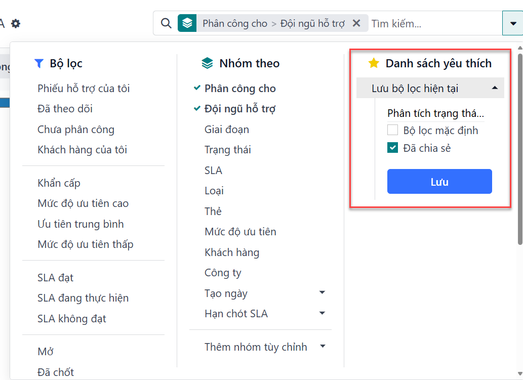 Xem tùy chọn lưu yêu thích trong LeanSoft Hỗ trợ.