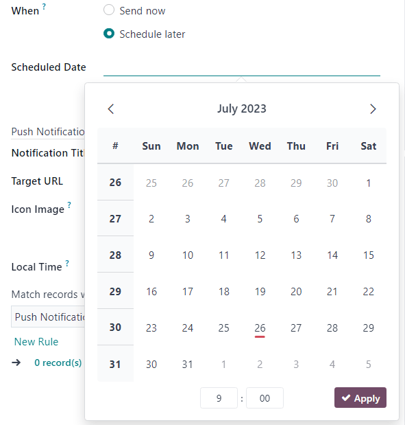 Schedule date pop-up window that appears on social media post detail form in LeanSoft.
