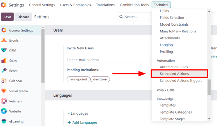 Tùy chọn các hành động được lên lịch trong menu kỹ thuật của ứng dụng Cài đặt LeanSoft.