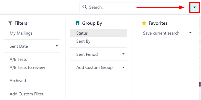 Menu thả xuống lớn của các tùy chọn tìm kiếm trong ứng dụng Email Marketing LeanSoft.