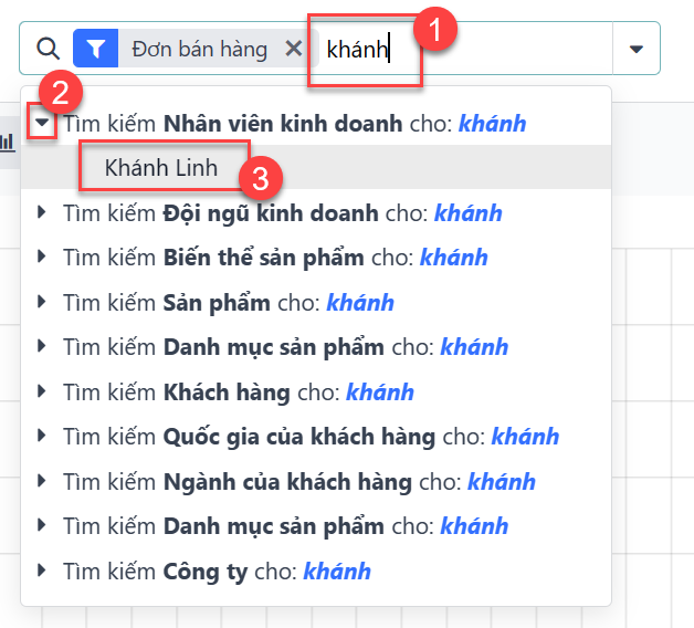 Tìm kiếm giá trị cụ thể trên báo cáo Phân tích Bán hàng