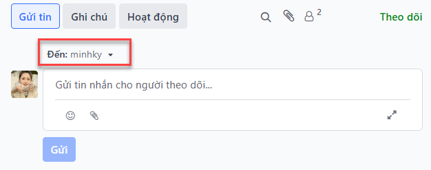 Một chatter composer đang chuẩn bị gửi tin nhắn đến các người theo dõi của một cơ hội CRM và khách hàng được liệt kê trong bản ghi cơ hội.