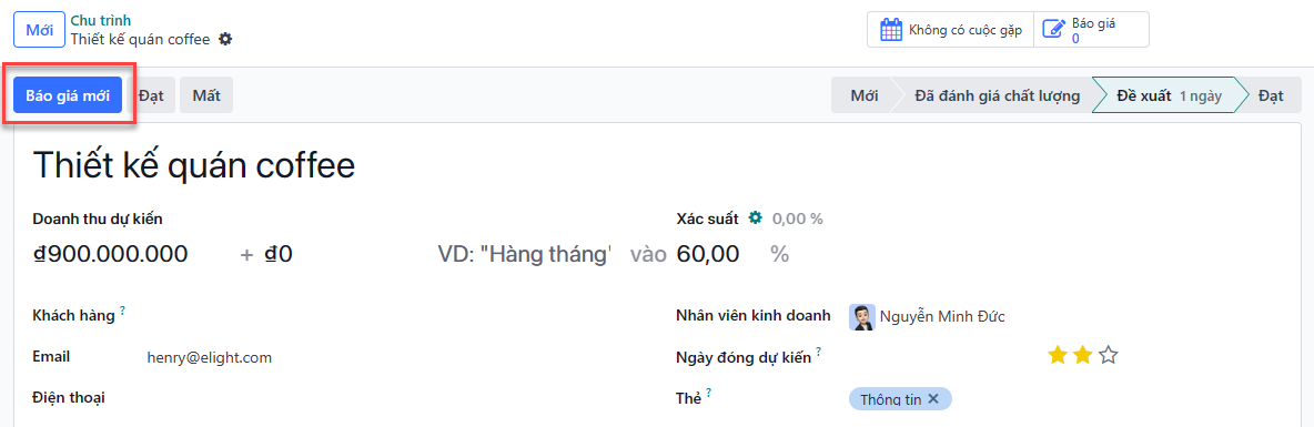 Biểu mẫu cơ hội thành công với nút Báo giá mới được nhấn mạnh.