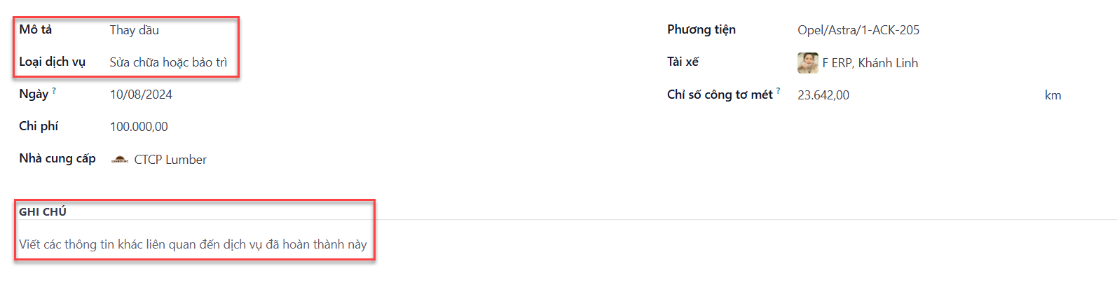 Nhập thông tin cho sửa chữa tai nạn.
