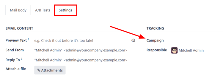 Xem tab cài đặt trong LeanSoft Email Marketing khi tính năng chiến dịch được kích hoạt.