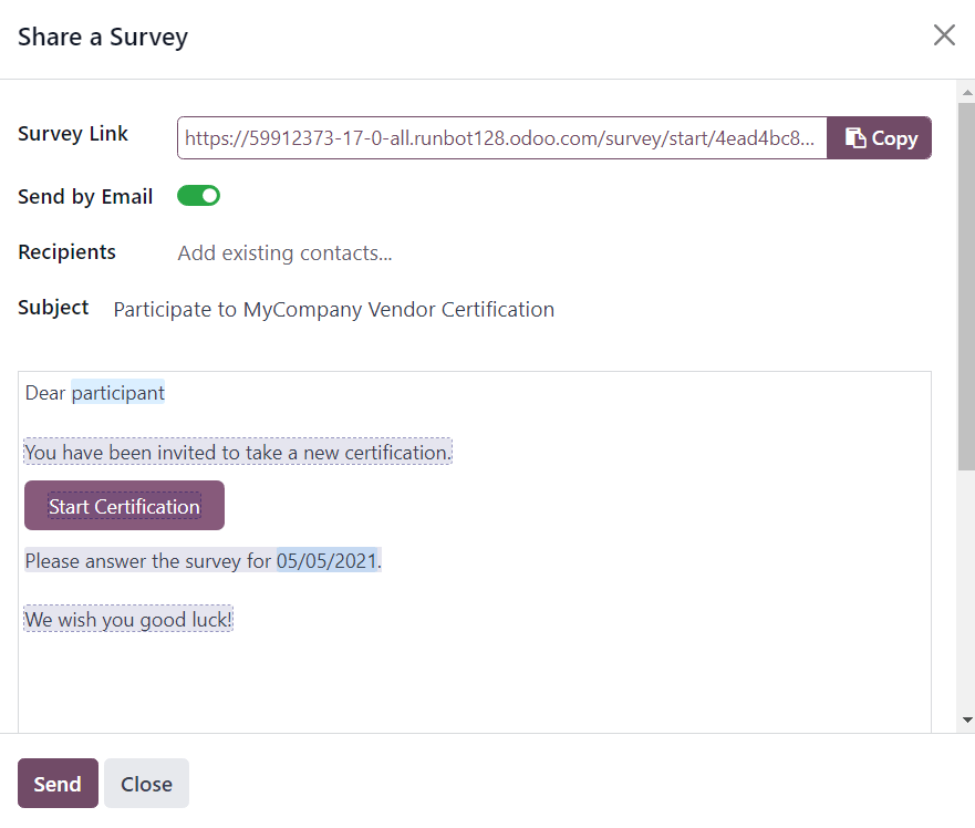 Cửa sổ pop-up 'Chia sẻ khảo sát' trong LeanSoft Khảo sát với tùy chọn Gửi qua Email được bật.