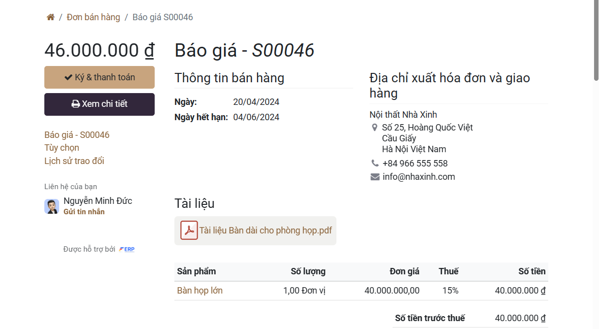 Nút Ký và Thanh toán hiện có trên báo giá trực tuyến trong ứng dụng Sales của LeanSoft.