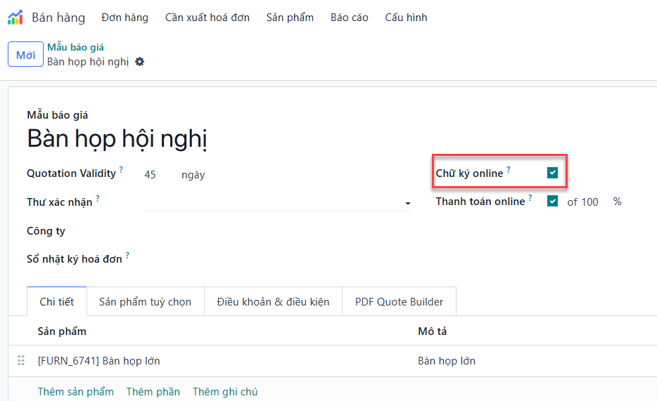 Tùy chọn chữ ký online được tìm thấy trên mọi biểu mẫu báo giá trong LeanSoft.