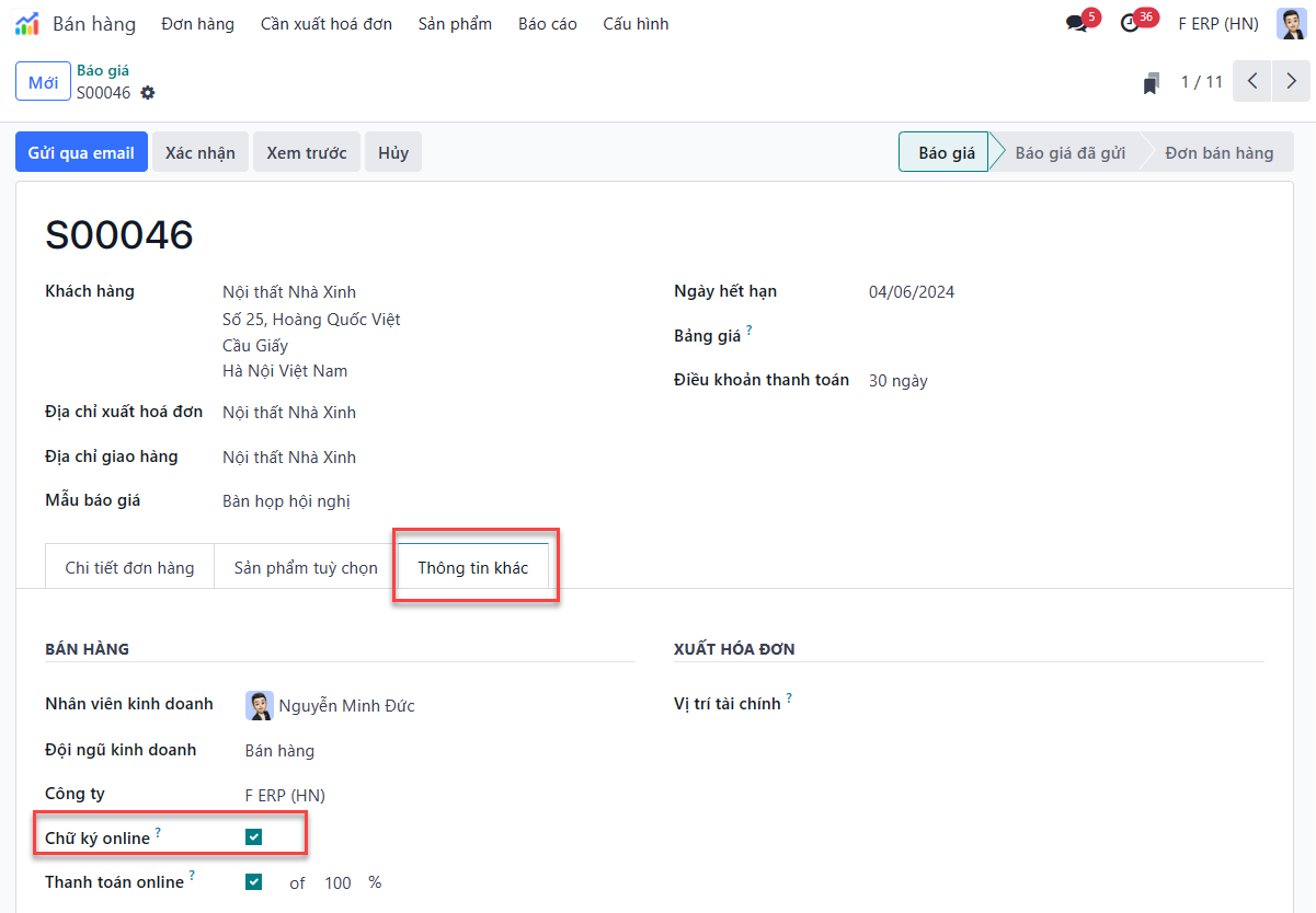 Tùy chọn tính năng chữ ký online trong tab Thông tin khác của biểu mẫu báo giá trong LeanSoft.