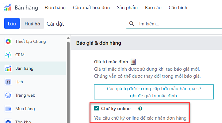 Tùy chọn tính năng Chữ ký online trong Cài đặt của ứng dụng Sales của LeanSoft.