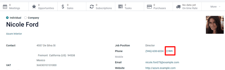 The SMS icon is located on an individual's contact form in LeanSoft Contacts.