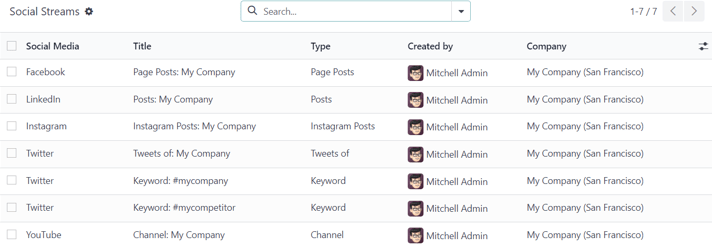 View of the social accounts page in the LeanSoft Social Marketing application.