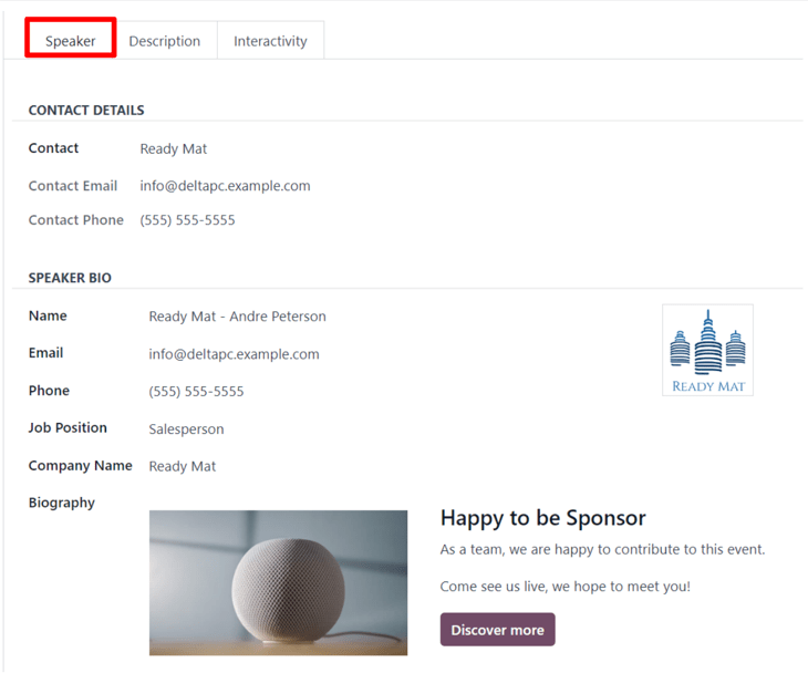 The Speaker tab on an event track form in the LeanSoft Events application.