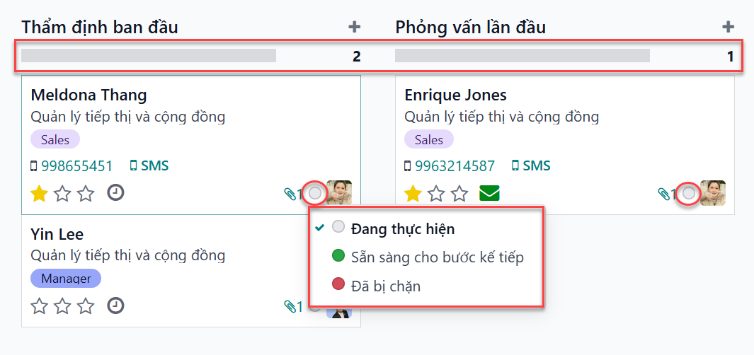Trạng thái thẻ ứng viên và thanh trạng thái.