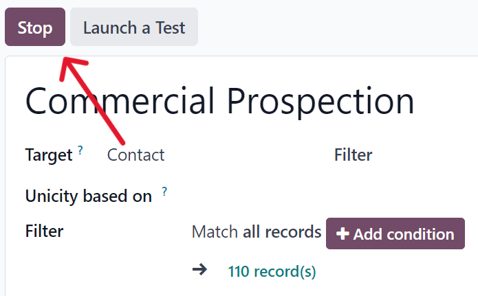 The stop button on a typical campaign detail form in LeanSoft Marketing Automation application.
