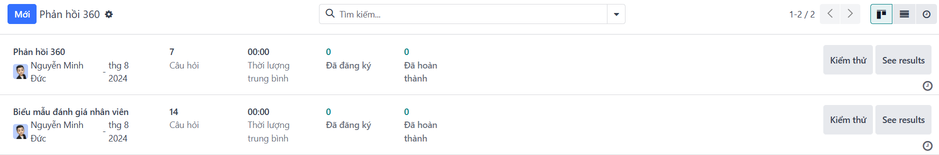 Một dạng danh sách của tất cả các khảo sát có sẵn trong ứng dụng Đánh giá.