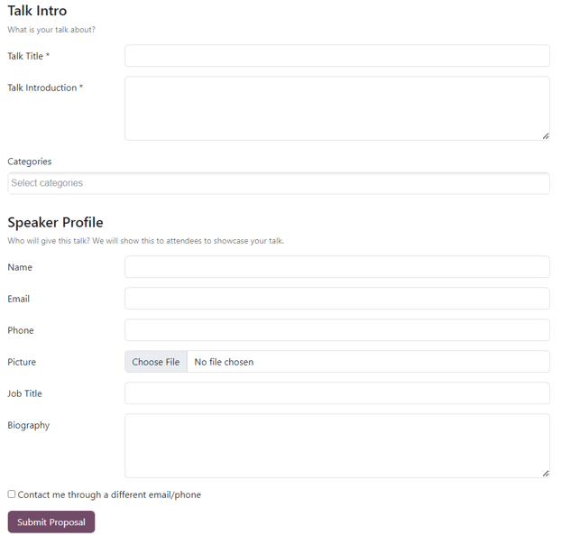 The Talk Proposals page on the event website built with the LeanSoft Events application.