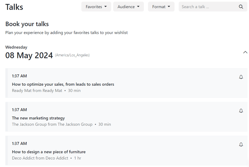 The Talks page on an event website built through the LeanSoft Events application.