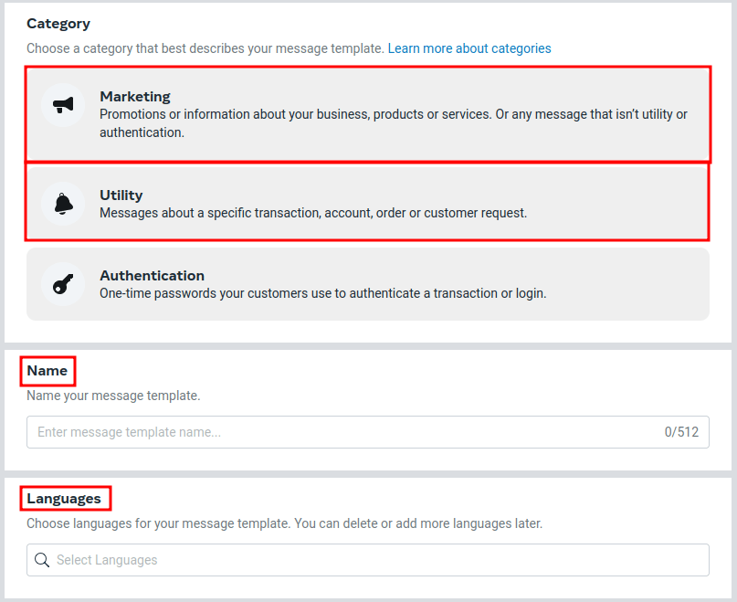 Các tùy chọn cấu hình mẫu được liệt kê, với Marketing, Utility, Name và Language được làm nổi bật.