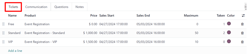 A typical tickets tab on an event form in the LeanSoft Events application.
