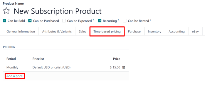 Tab giá dựa trên thời gian trên biểu mẫu sản phẩm đăng ký trong LeanSoft Subscriptions.