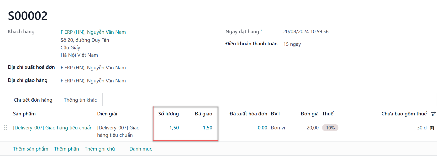 Xem đơn hàng bán hàng với nhấn mạnh vào cột đã giao.