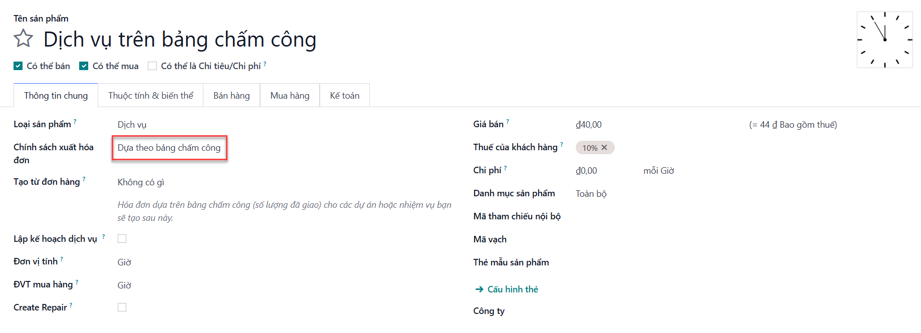 Xem sản phẩm dịch vụ với chính sách lập hóa đơn được đặt thành 'Dựa trên bảng chấm công'.