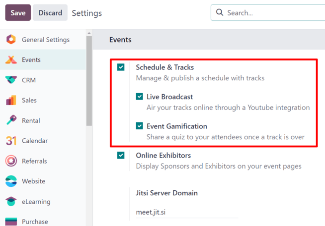 The Schedule and Tracks setting in the LeanSoft Events app, along with corresponding options.