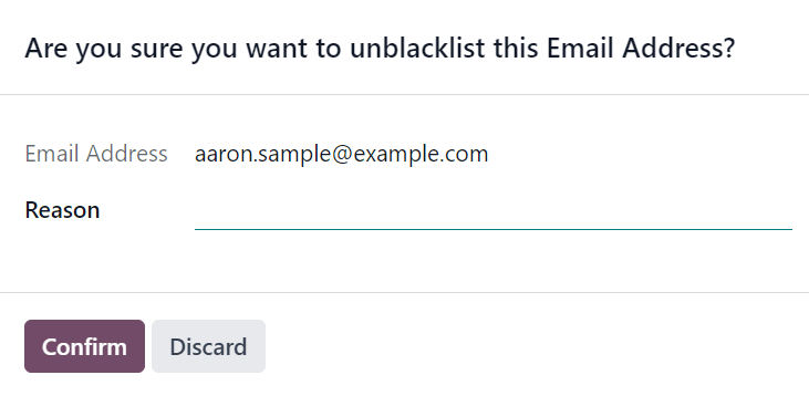 View of the unblacklist pop-up window in the LeanSoft Email Marketing application.
