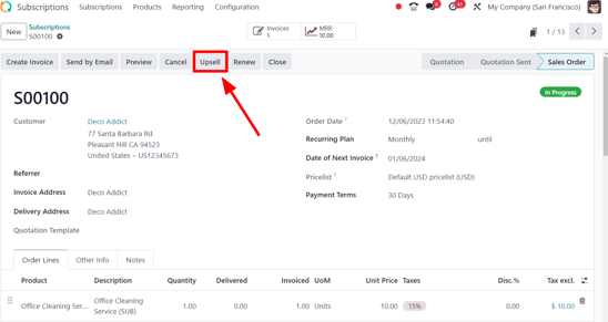 Nút Nâng cấp cho đơn bán hàng đăng ký với LeanSoft Subscriptions.