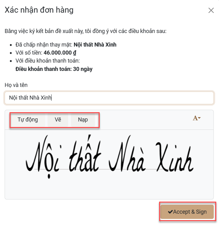 Cửa sổ pop-up Xác nhận Đơn hàng cho chữ ký online trong ứng dụng Sales của LeanSoft.