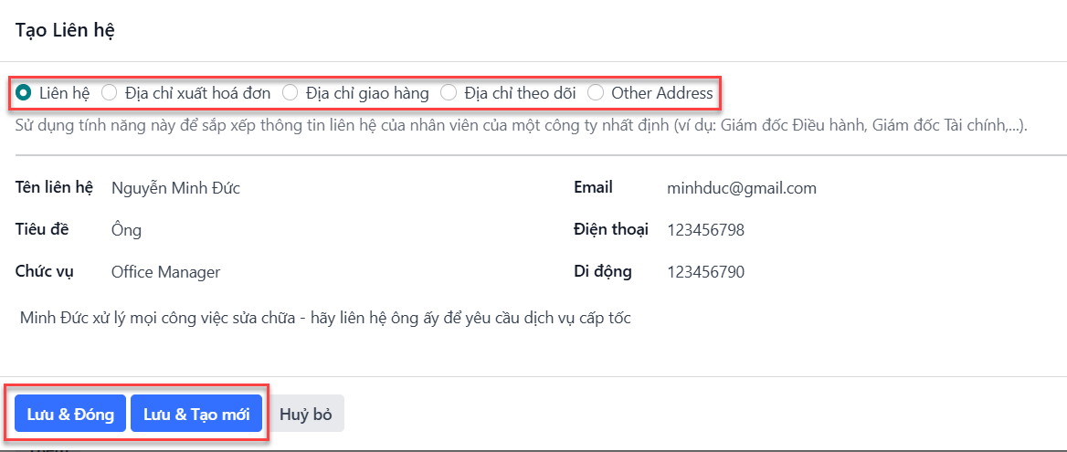 Biểu mẫu tạo liên hệ với tất cả các phần đã được điền.
