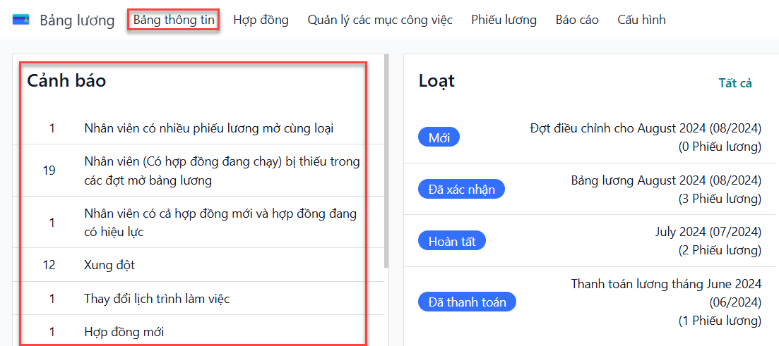 Giao diện bảng điều khiển của ứng dụng Payroll, với hộp cảnh báo được làm nổi bật.