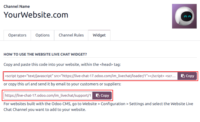 View of the widget tab for LeanSoft Live Chat.