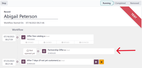 Workflow test progress in LeanSoft Marketing Automation.