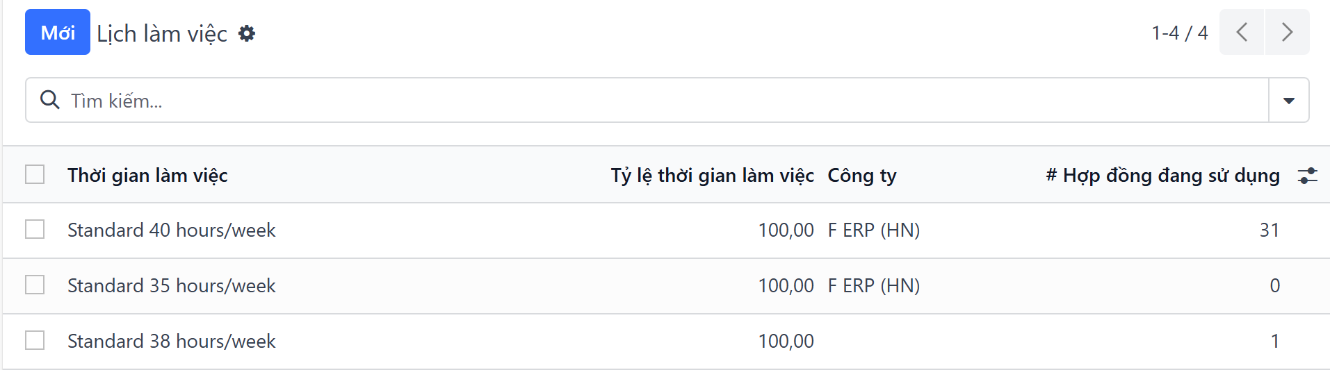 Tất cả các lịch làm việc hiện có sẵn được thiết lập trong cơ sở dữ liệu cho công ty.